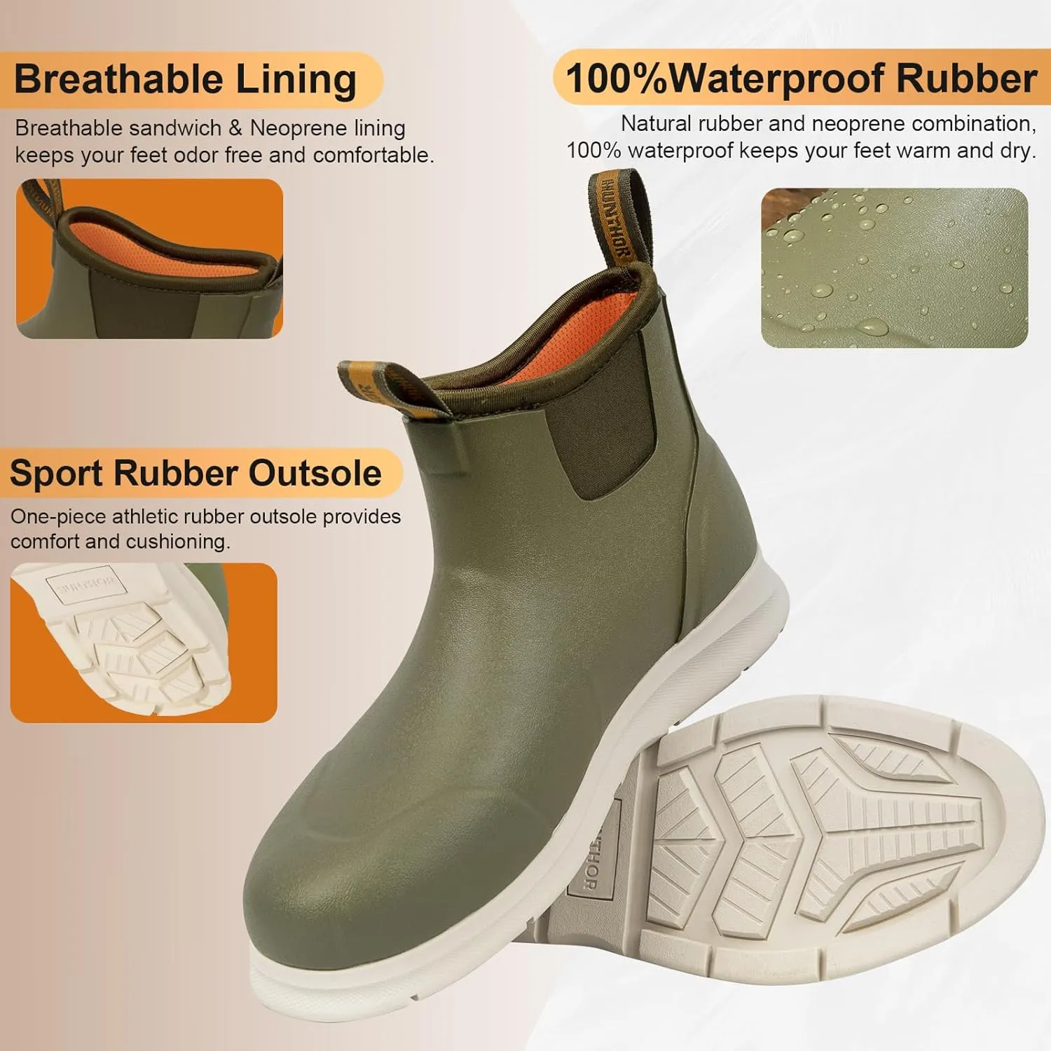 Men's Deck Boots, Lightweight Waterproof Fishing Rain Boots, Anti-Slip Rubber Shoes with Breathable 3mm Neoprene Lining Fishing, Boating, Size 7-14