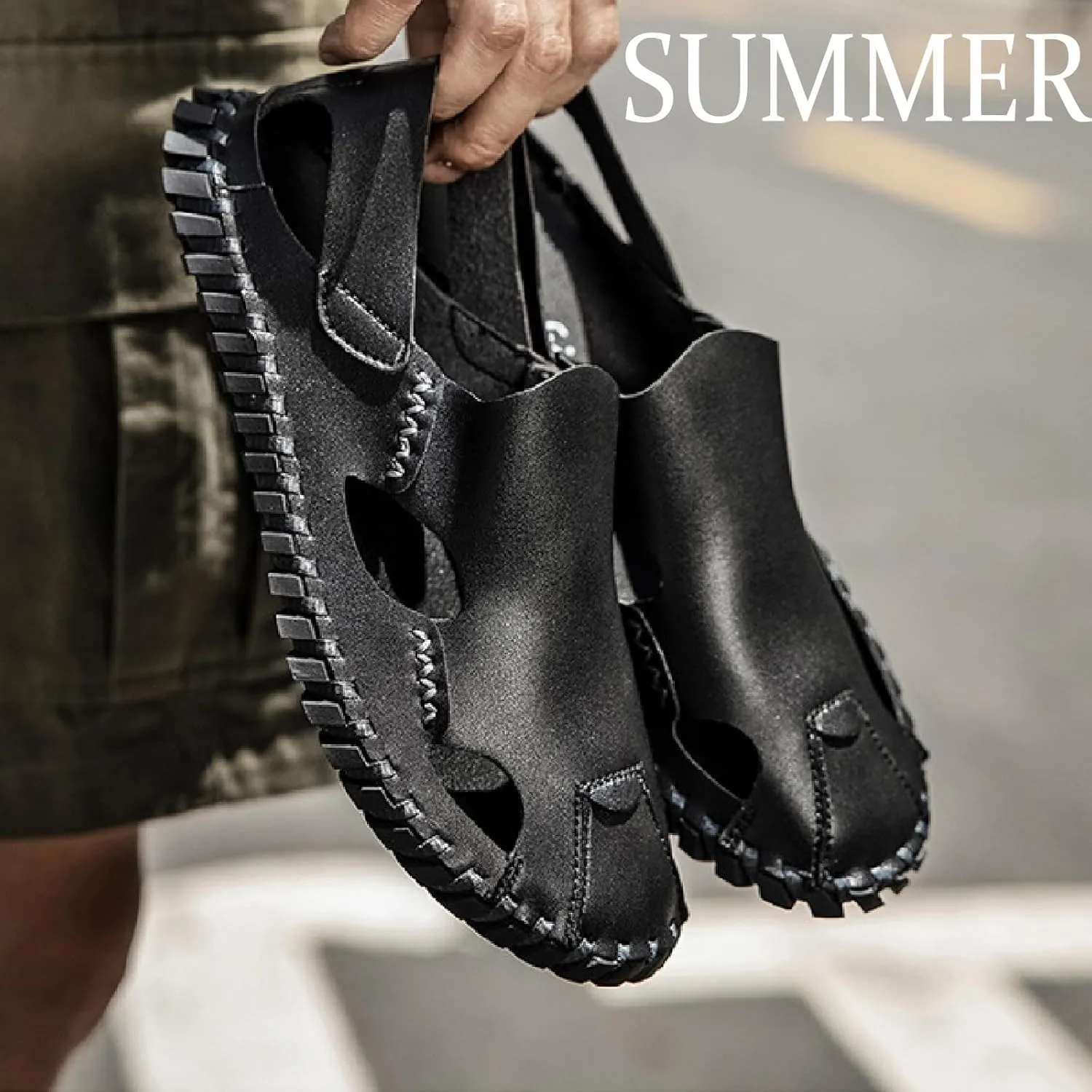 Men's Genuine Leather Cutout Fisherman Sandals Hand Stitched Fashion Comfortable Closed Toe Flat Beach Walking Shoes for Summer Outdoor Casual