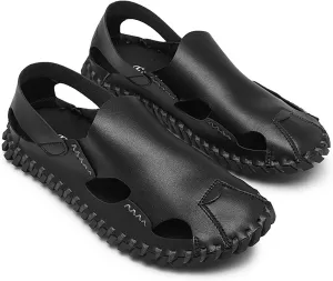 Men's Genuine Leather Cutout Fisherman Sandals Hand Stitched Fashion Comfortable Closed Toe Flat Beach Walking Shoes for Summer Outdoor Casual