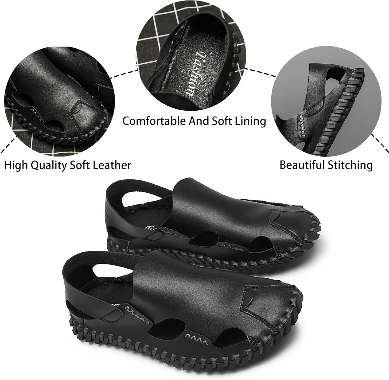 Men's Genuine Leather Cutout Fisherman Sandals Hand Stitched Fashion Comfortable Closed Toe Flat Beach Walking Shoes for Summer Outdoor Casual