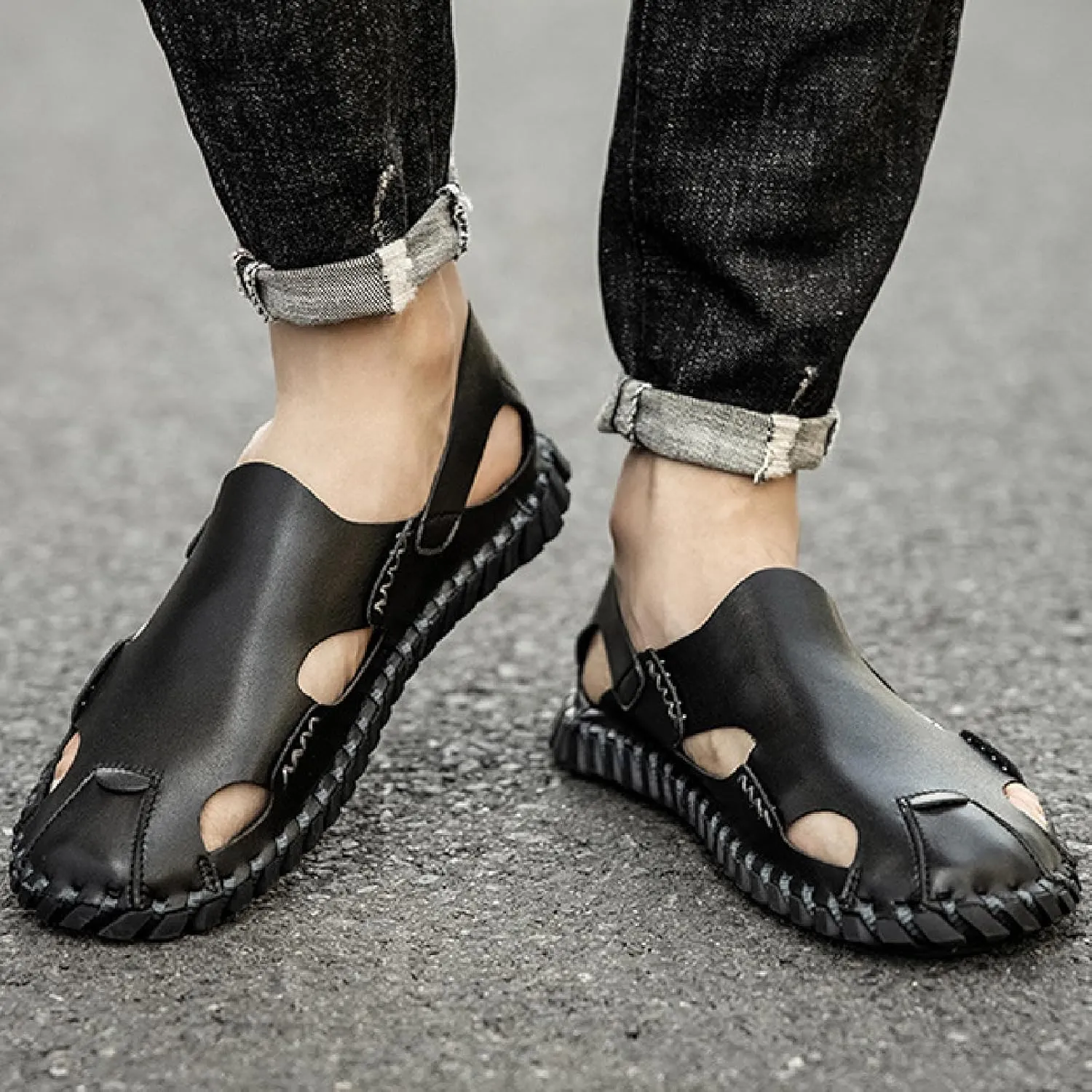 Men's Genuine Leather Cutout Fisherman Sandals Hand Stitched Fashion Comfortable Closed Toe Flat Beach Walking Shoes for Summer Outdoor Casual