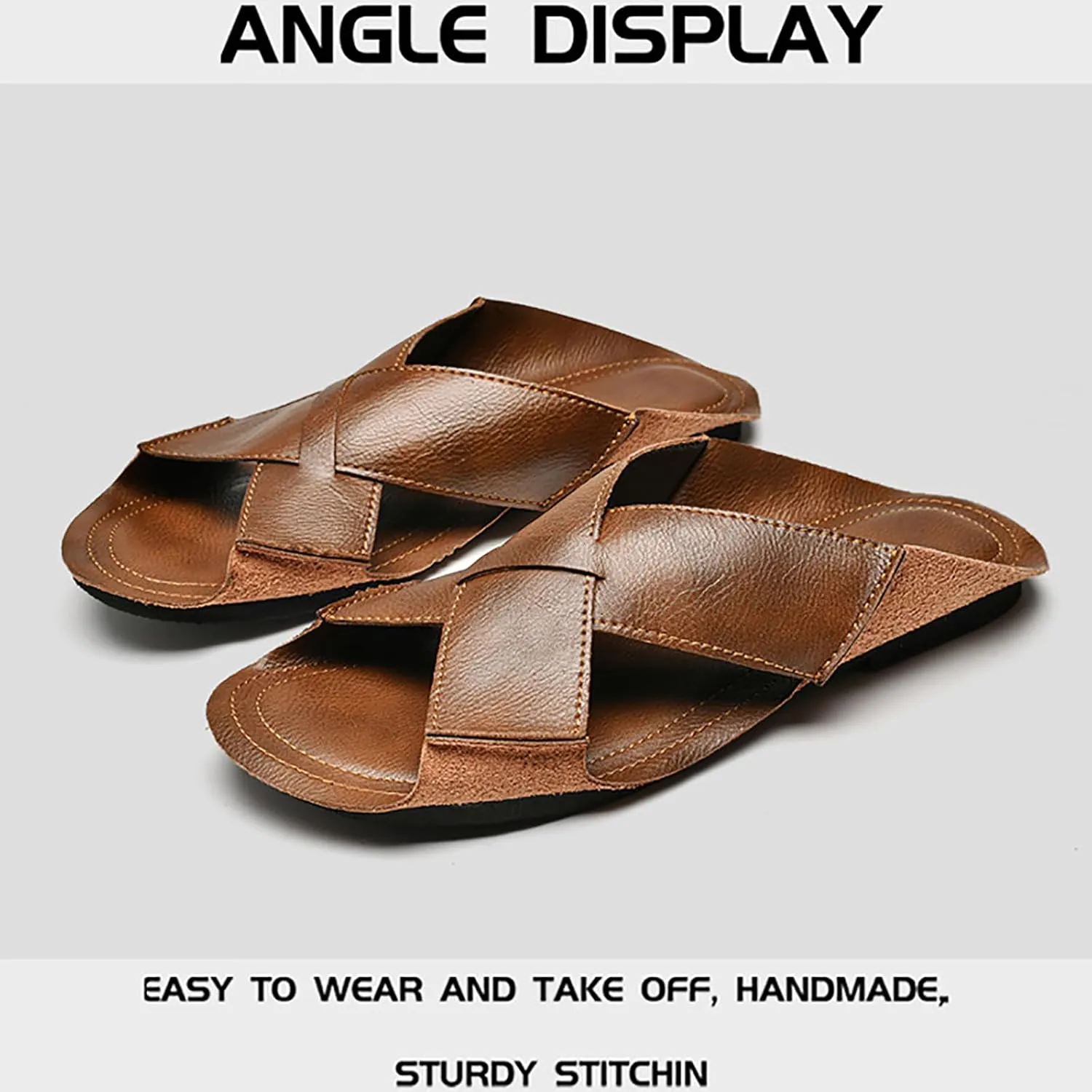 Men's Genuine Leather Cutout Slides Sandals Comfort Lightweight Open Round Toe Slip On Anti-Slip Soft Bottom Slippers Summer Casual Walking Beach Fisherman Sandals