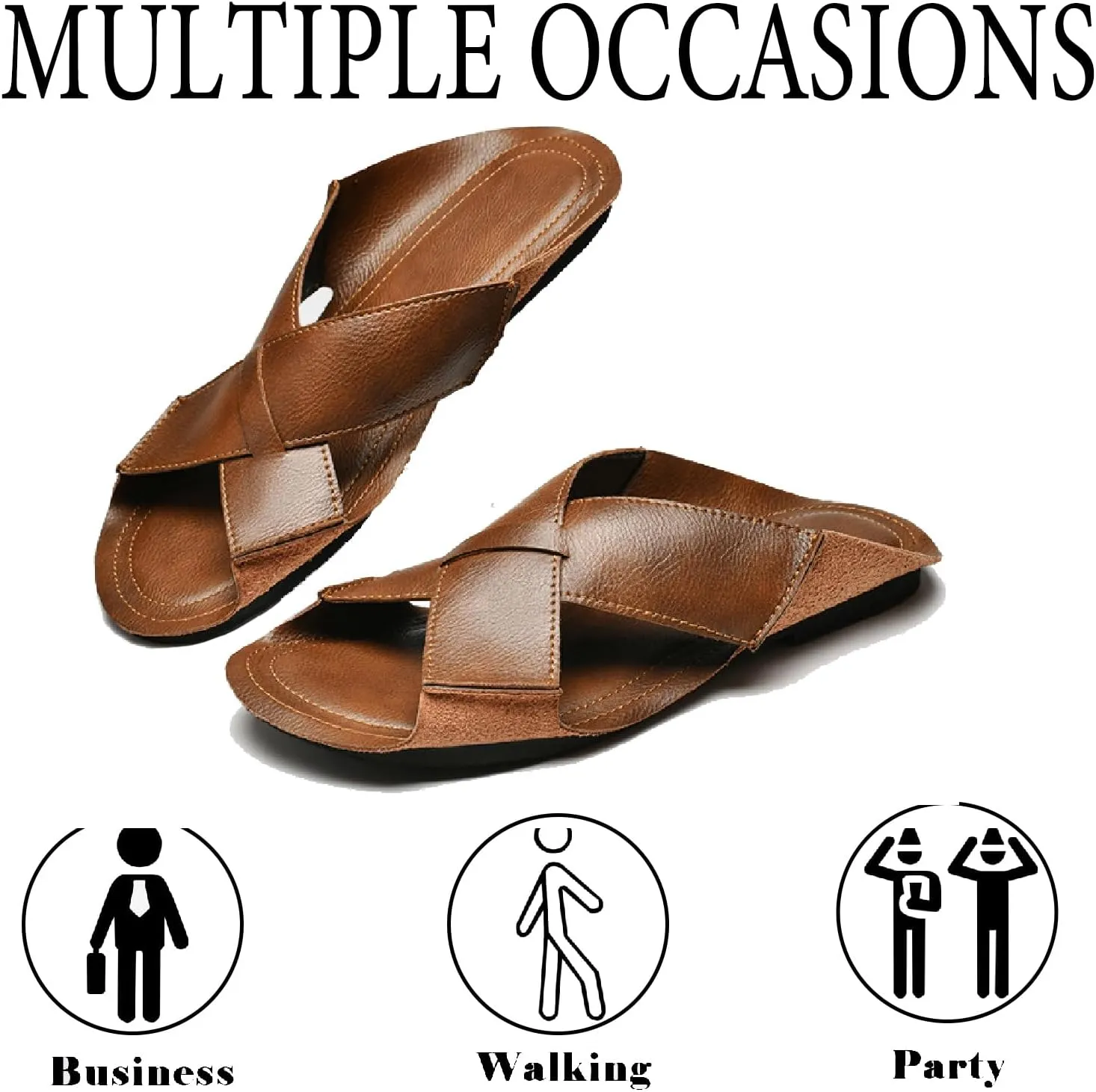 Men's Genuine Leather Cutout Slides Sandals Comfort Lightweight Open Round Toe Slip On Anti-Slip Soft Bottom Slippers Summer Casual Walking Beach Fisherman Sandals