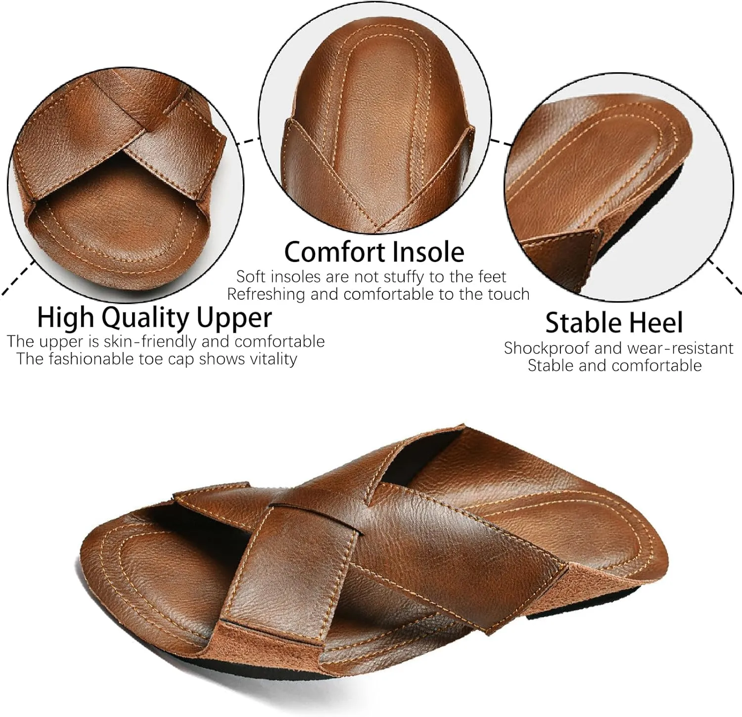 Men's Genuine Leather Cutout Slides Sandals Comfort Lightweight Open Round Toe Slip On Anti-Slip Soft Bottom Slippers Summer Casual Walking Beach Fisherman Sandals