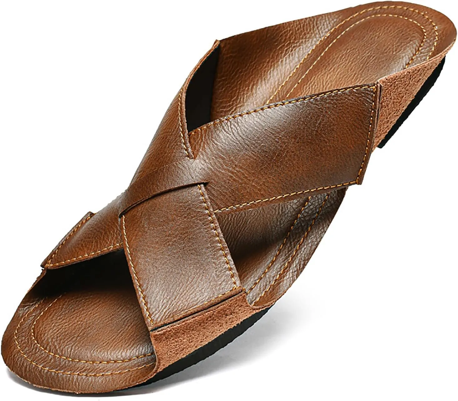 Men's Genuine Leather Cutout Slides Sandals Comfort Lightweight Open Round Toe Slip On Anti-Slip Soft Bottom Slippers Summer Casual Walking Beach Fisherman Sandals