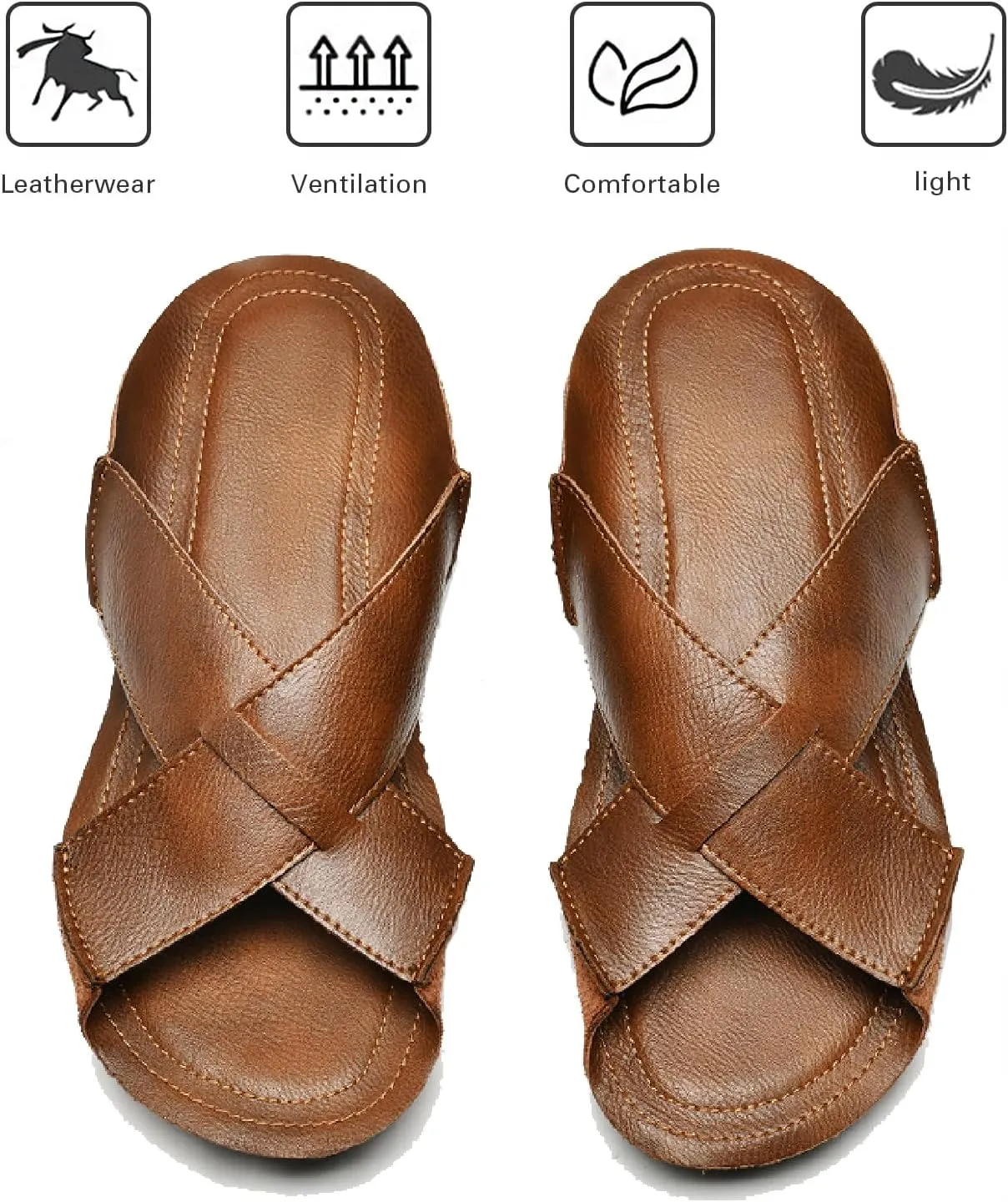 Men's Genuine Leather Cutout Slides Sandals Comfort Lightweight Open Round Toe Slip On Anti-Slip Soft Bottom Slippers Summer Casual Walking Beach Fisherman Sandals