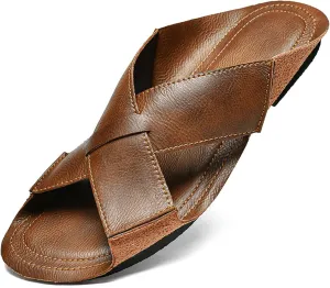 Men's Genuine Leather Cutout Slides Sandals Comfort Lightweight Open Round Toe Slip On Anti-Slip Soft Bottom Slippers Summer Casual Walking Beach Fisherman Sandals