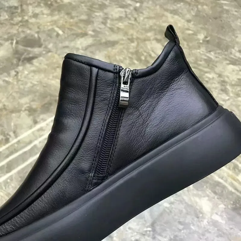 Men's High-top Leather Boots British warm Shoes for Men flat Bottom Round Toe Inner Zipper Non-slip Breathable Casual Shoes