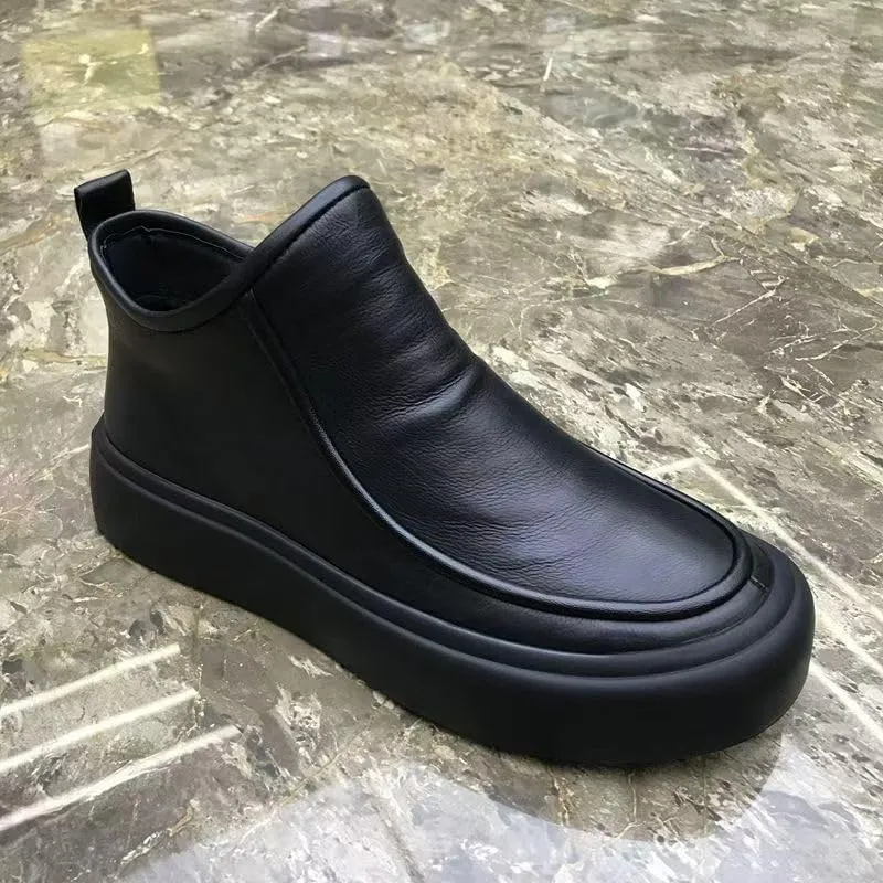 Men's High-top Leather Boots British warm Shoes for Men flat Bottom Round Toe Inner Zipper Non-slip Breathable Casual Shoes