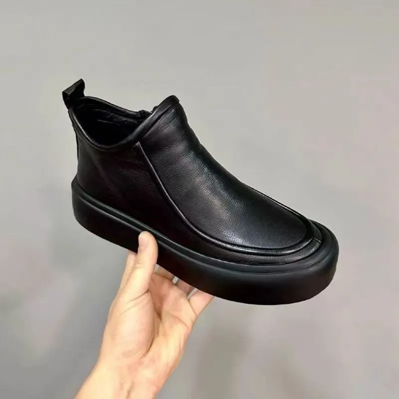 Men's High-top Leather Boots British warm Shoes for Men flat Bottom Round Toe Inner Zipper Non-slip Breathable Casual Shoes