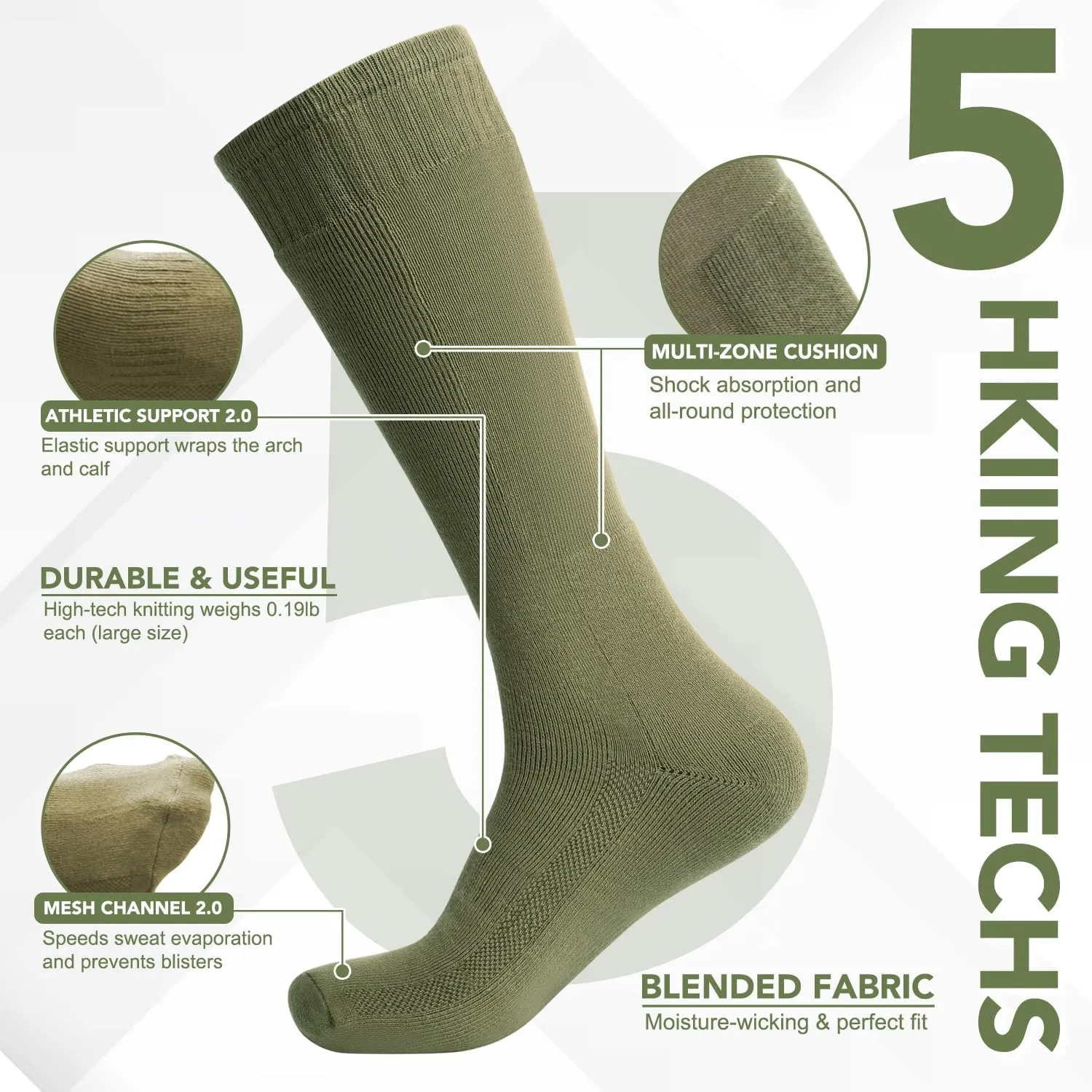 Men's Hiking Socks, Tactical Boot for Men, Over-the-Calf Work Boot Socks, 4 Pack