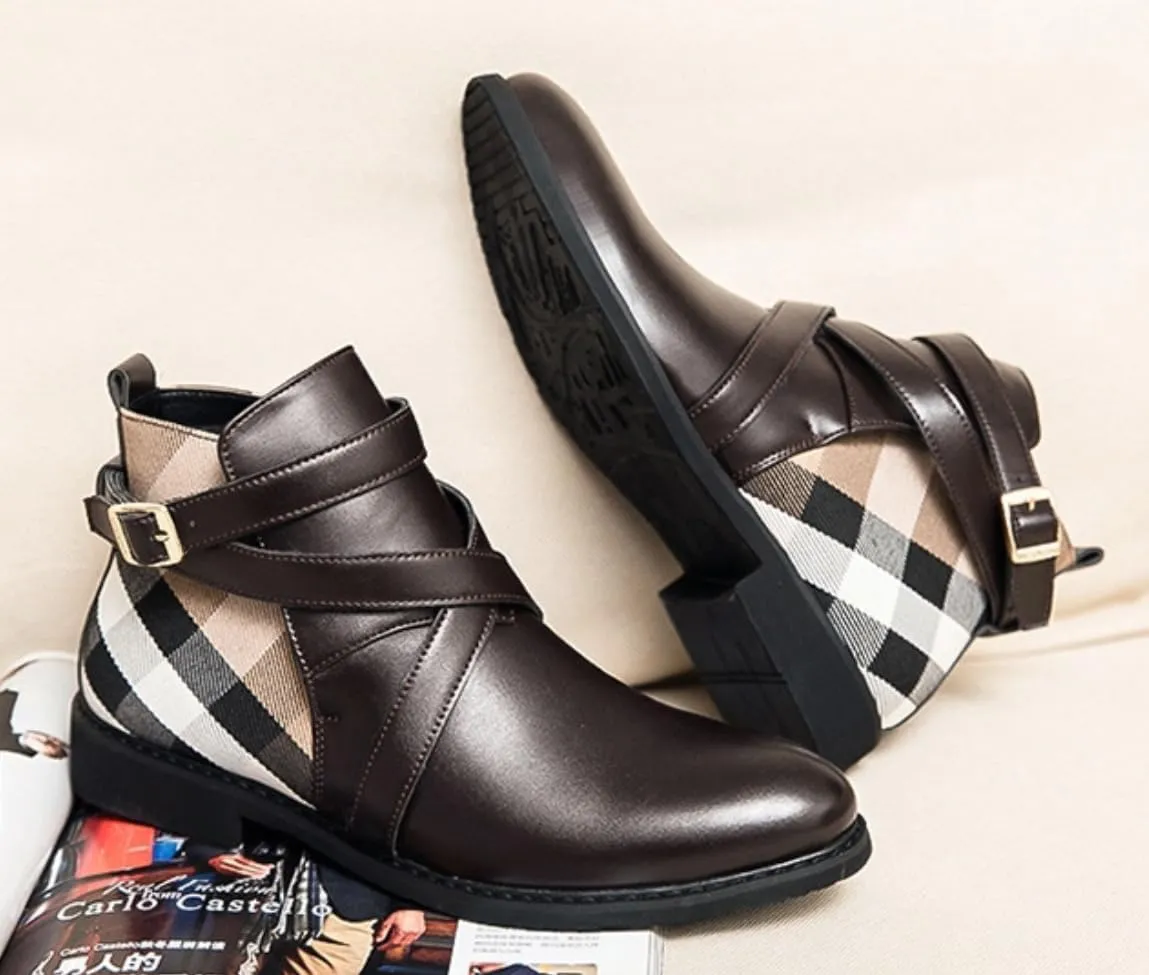 Men's Houndstooth Pattern Buckle AnkleFashion Boots, Business Style Pointed ToeBoots for Daily Wear, Fashion Shoes for Party,Daily Clothing Decor