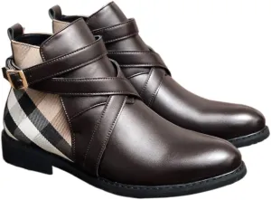 Men's Houndstooth Pattern Buckle AnkleFashion Boots, Business Style Pointed ToeBoots for Daily Wear, Fashion Shoes for Party,Daily Clothing Decor
