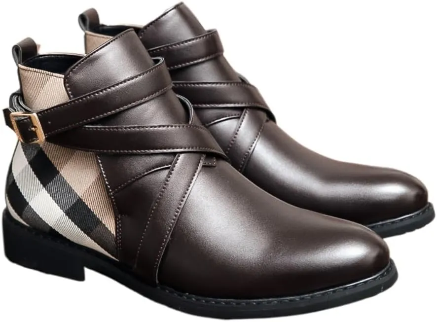 Men's Houndstooth Pattern Buckle AnkleFashion Boots, Business Style Pointed ToeBoots for Daily Wear, Fashion Shoes for Party,Daily Clothing Decor