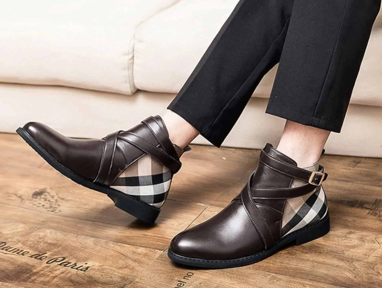 Men's Houndstooth Pattern Buckle AnkleFashion Boots, Business Style Pointed ToeBoots for Daily Wear, Fashion Shoes for Party,Daily Clothing Decor