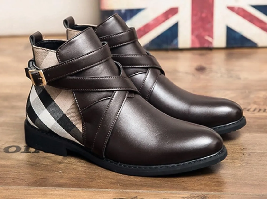 Men's Houndstooth Pattern Buckle AnkleFashion Boots, Business Style Pointed ToeBoots for Daily Wear, Fashion Shoes for Party,Daily Clothing Decor