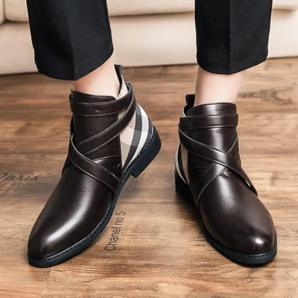 Men's Houndstooth Pattern Buckle AnkleFashion Boots, Business Style Pointed ToeBoots for Daily Wear, Fashion Shoes for Party,Daily Clothing Decor