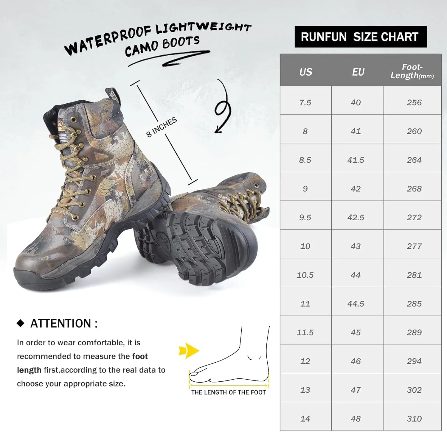 Men's Hunting Boots Waterproof Hiking Boots Insulated Work Boot, 8" Lightweight Breathable Outdoor Shoes, 400g Insulation