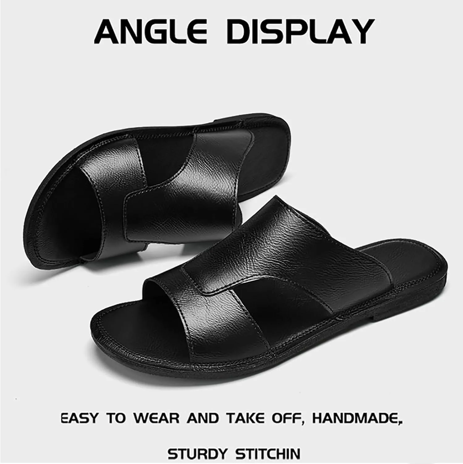 Men's Leather Cutout Slides Sandals Comfortable Lightweight Open Toe Anti-Slip Soft Bottom Slip On Slippers Summer Outdoor Casual Beach Sandals