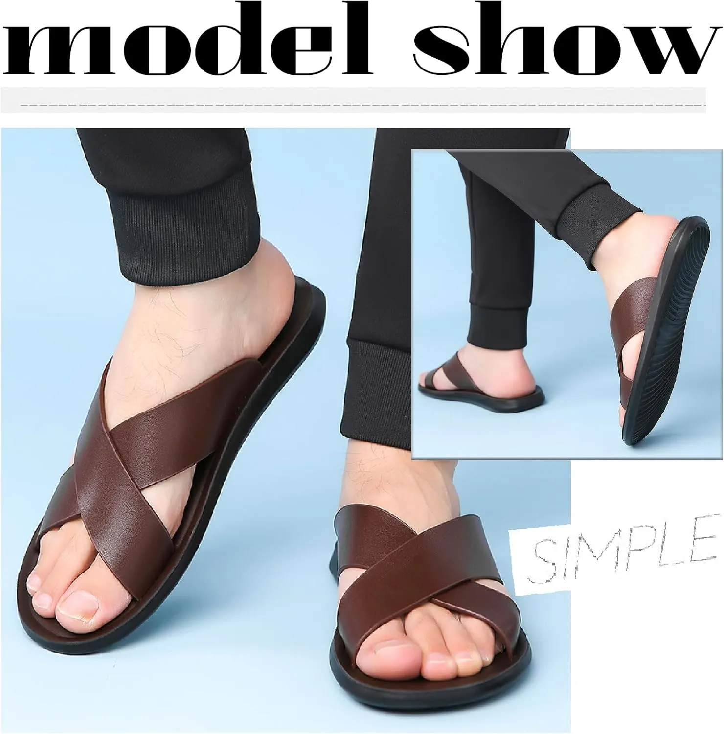 Men's Leather Slip On Slides Sandals Comfortable Lightweight Open Toe Anti-Slip Flat Summer Casual Slippers Indoor Outdoor Walking Beach Sandals
