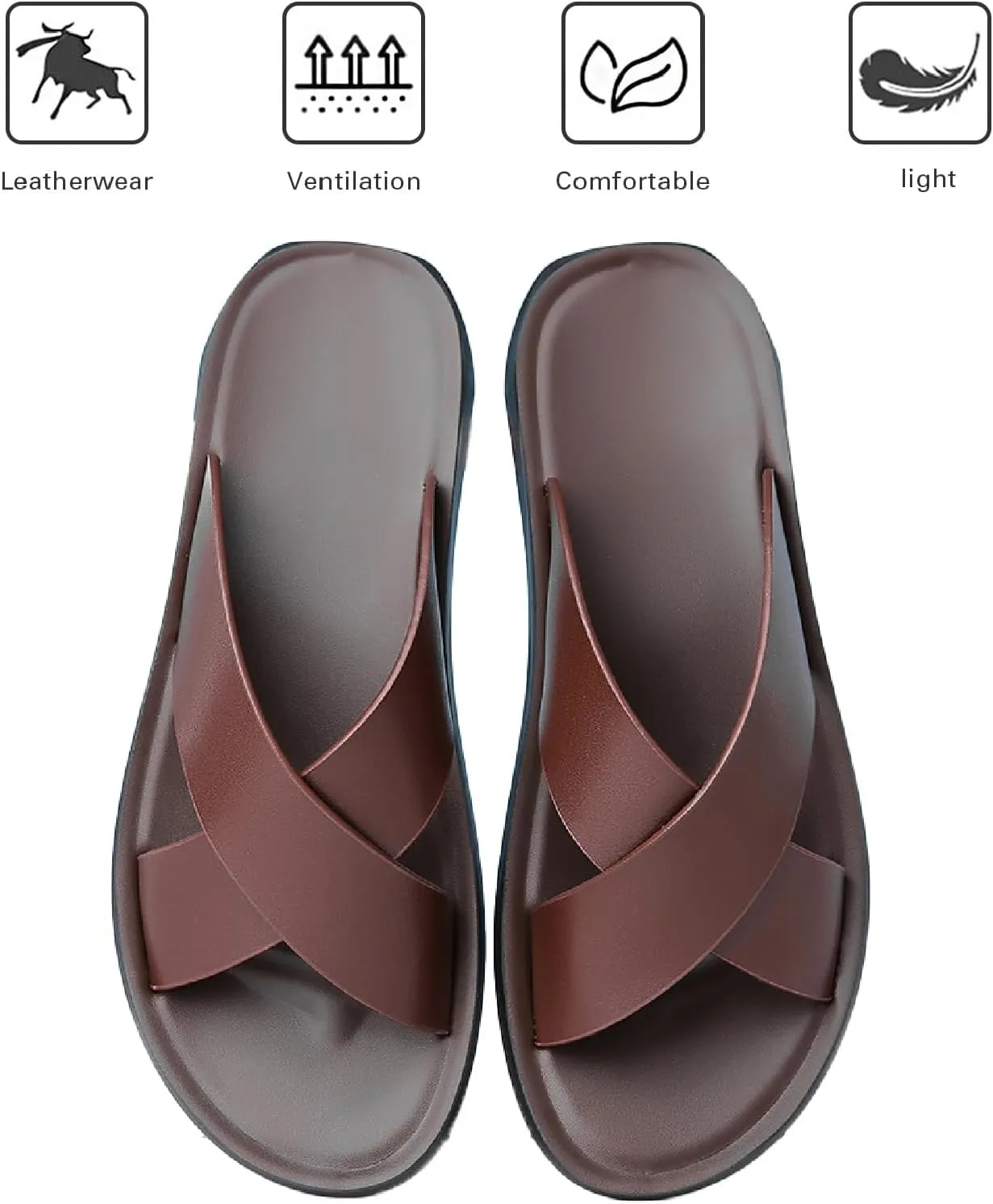 Men's Leather Slip On Slides Sandals Comfortable Lightweight Open Toe Anti-Slip Flat Summer Casual Slippers Indoor Outdoor Walking Beach Sandals