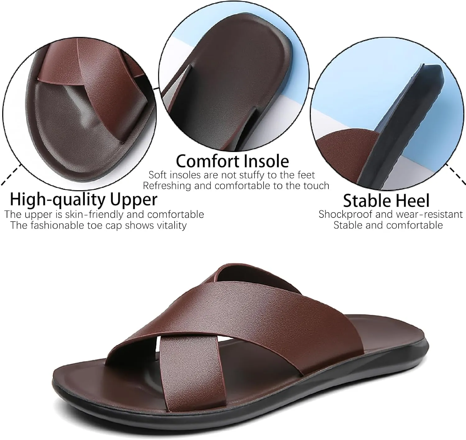 Men's Leather Slip On Slides Sandals Comfortable Lightweight Open Toe Anti-Slip Flat Summer Casual Slippers Indoor Outdoor Walking Beach Sandals