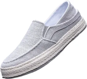 Men's Linen Woven Wide Width Flat Casual Loafers Comfortable Round Toe Lightweight Breathable Non-Slip Slip-On Walking Board Shoes