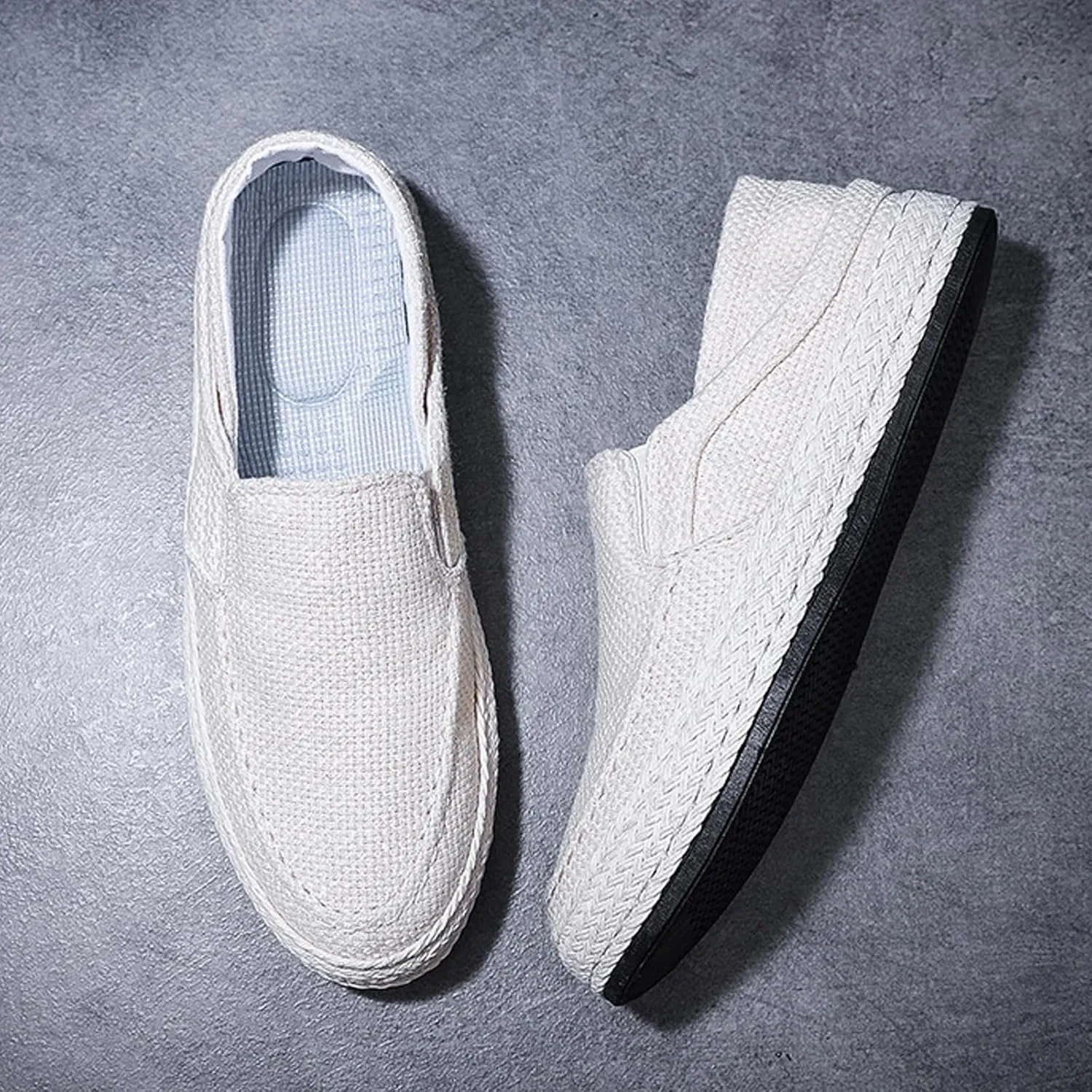Men's Linen Woven Wide Width Flat Casual Loafers Comfortable Round Toe Lightweight Breathable Non-Slip Slip-On Walking Board Shoes