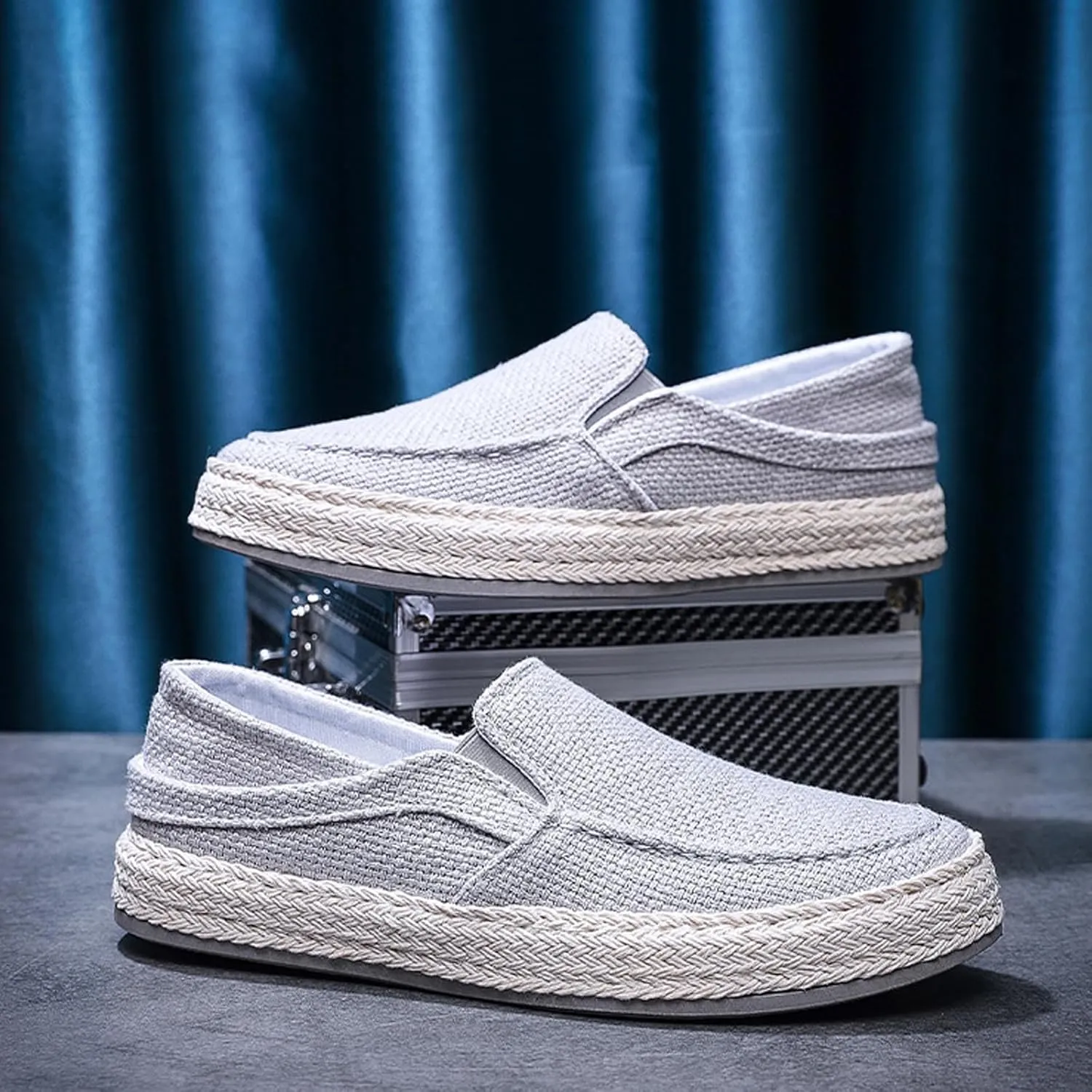 Men's Linen Woven Wide Width Flat Casual Loafers Comfortable Round Toe Lightweight Breathable Non-Slip Slip-On Walking Board Shoes
