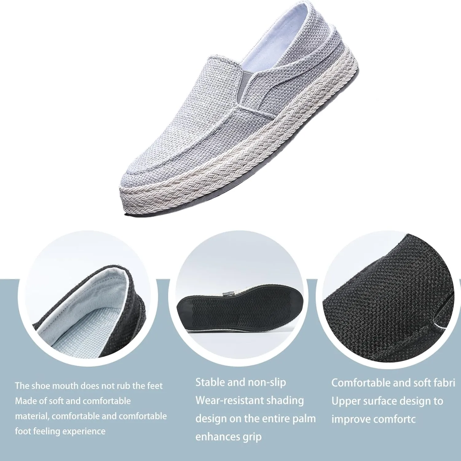 Men's Linen Woven Wide Width Flat Casual Loafers Comfortable Round Toe Lightweight Breathable Non-Slip Slip-On Walking Board Shoes