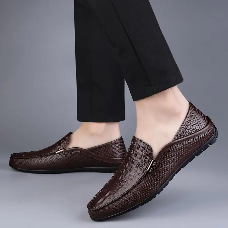 Mens Loafers Shoe Round Toe Vegan Leather Crocodile Print Lightweight Anti-Slip Flat Heel Prom Slip-ons