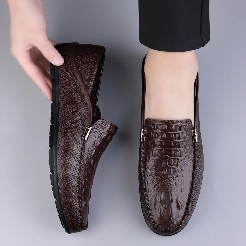 Mens Loafers Shoe Round Toe Vegan Leather Crocodile Print Lightweight Anti-Slip Flat Heel Prom Slip-ons
