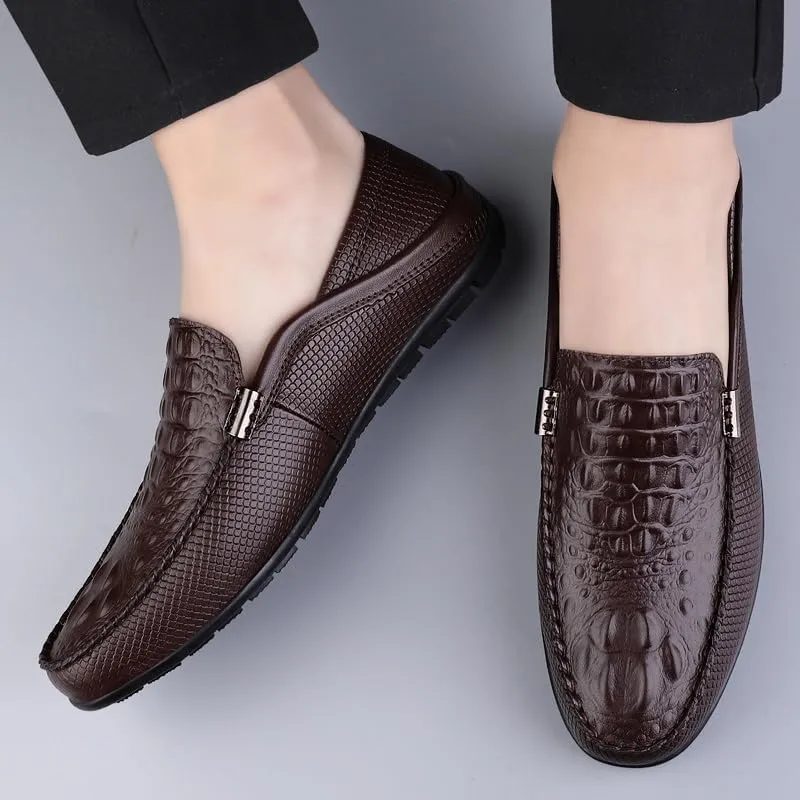 Mens Loafers Shoe Round Toe Vegan Leather Crocodile Print Lightweight Anti-Slip Flat Heel Prom Slip-ons