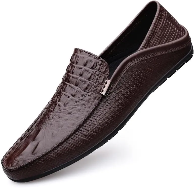 Mens Loafers Shoe Round Toe Vegan Leather Crocodile Print Lightweight Anti-Slip Flat Heel Prom Slip-ons