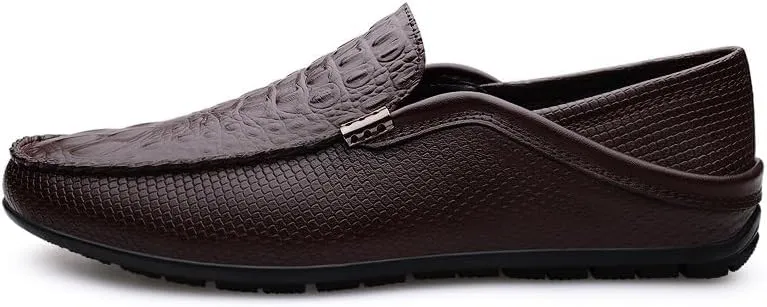 Mens Loafers Shoe Round Toe Vegan Leather Crocodile Print Lightweight Anti-Slip Flat Heel Prom Slip-ons