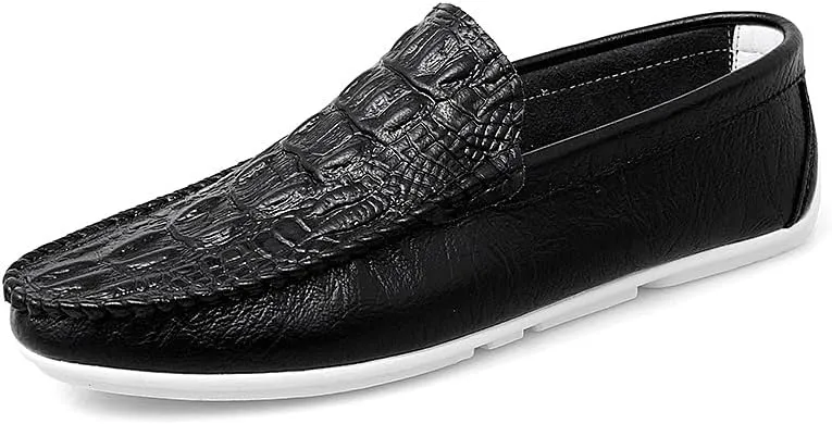 Men's Loafers Shoes Round Toe Crocodile Print Vegan Leather Anti-Slip Lightweight Flat Heel Outdoor Slip-on