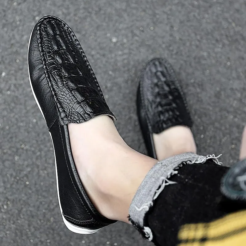Men's Loafers Shoes Round Toe Crocodile Print Vegan Leather Anti-Slip Lightweight Flat Heel Outdoor Slip-on