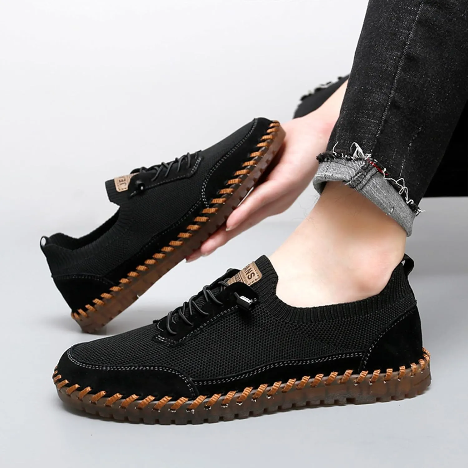 Men's Mesh Slip-On Lightweight Sneakers Handmade Breathable Soft Sole Casual Walking Shoes Comfortable Driving Shoes