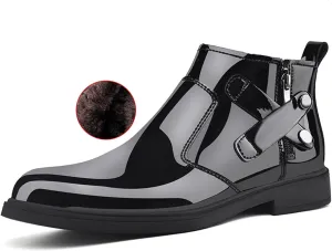 Men's Patent Leather Chunky Heel Chelsea Boots with Side Zipper Retro Round Head Square Texture Warm Plush Lining Business Formal Short Boots