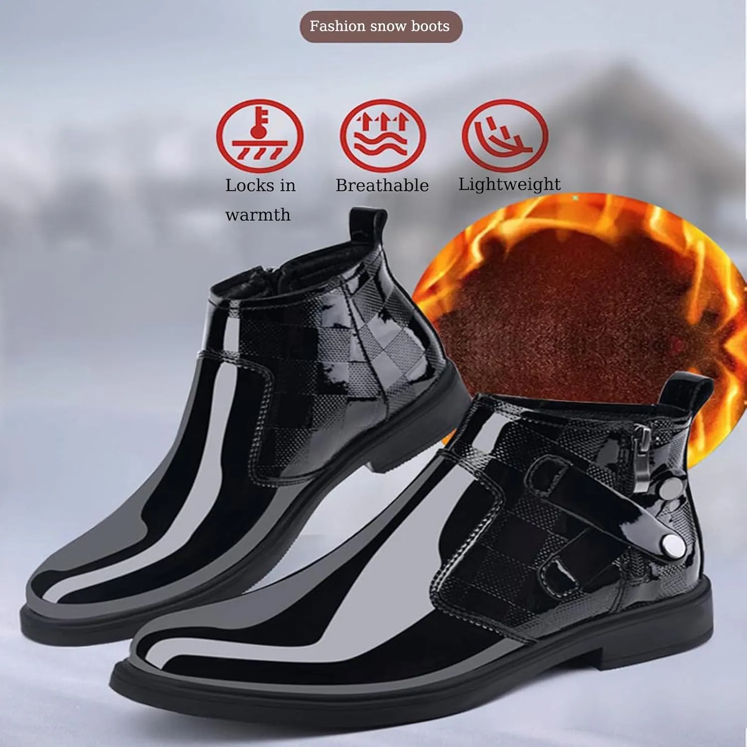 Men's Patent Leather Chunky Heel Chelsea Boots with Side Zipper Retro Round Head Square Texture Warm Plush Lining Business Formal Short Boots