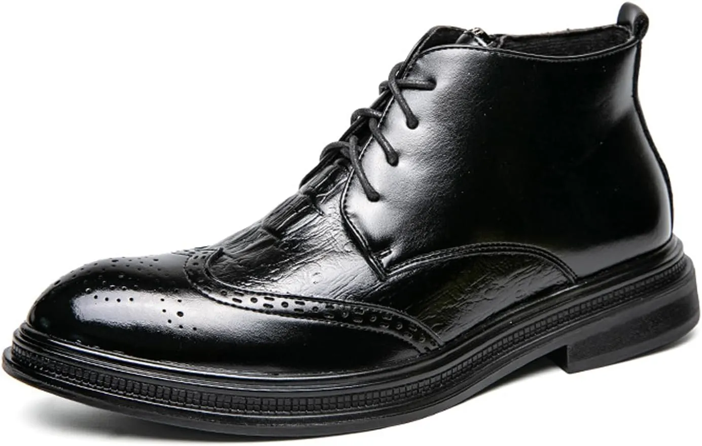 Men's Patent Leather Wing Tip Brogues Dress Oxfords Ankle Boots Retro lace up Platform Pointed Toe Non-Slip Carved Chukka Formal Business Boots