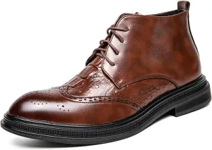 Men's Patent Leather Wing Tip Brogues Dress Oxfords Ankle Boots Retro lace up Platform Pointed Toe Non-Slip Carved Chukka Formal Business Boots