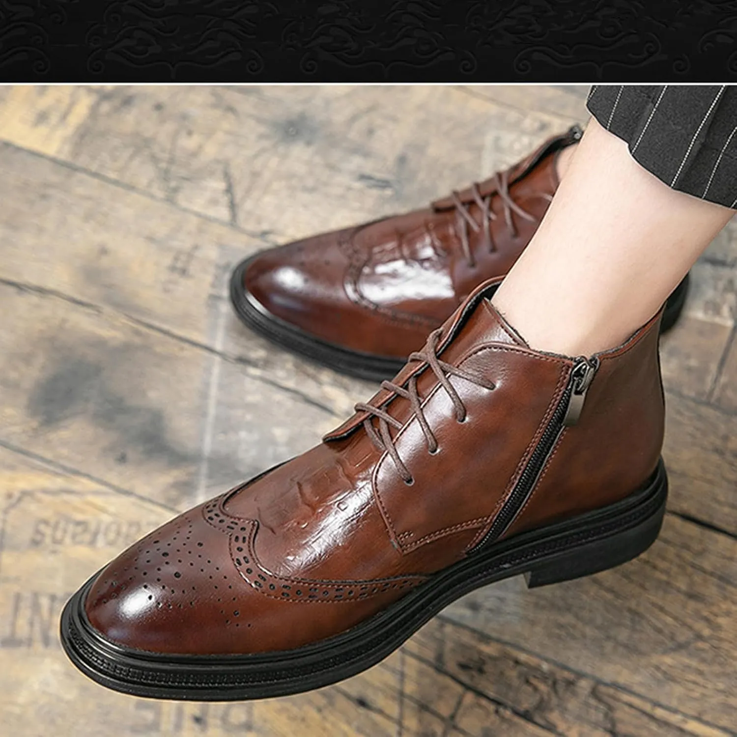 Men's Patent Leather Wing Tip Brogues Dress Oxfords Ankle Boots Retro lace up Platform Pointed Toe Non-Slip Carved Chukka Formal Business Boots