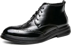 Men's Patent Leather Wing Tip Brogues Dress Oxfords Ankle Boots Retro lace up Platform Pointed Toe Non-Slip Carved Chukka Formal Business Boots