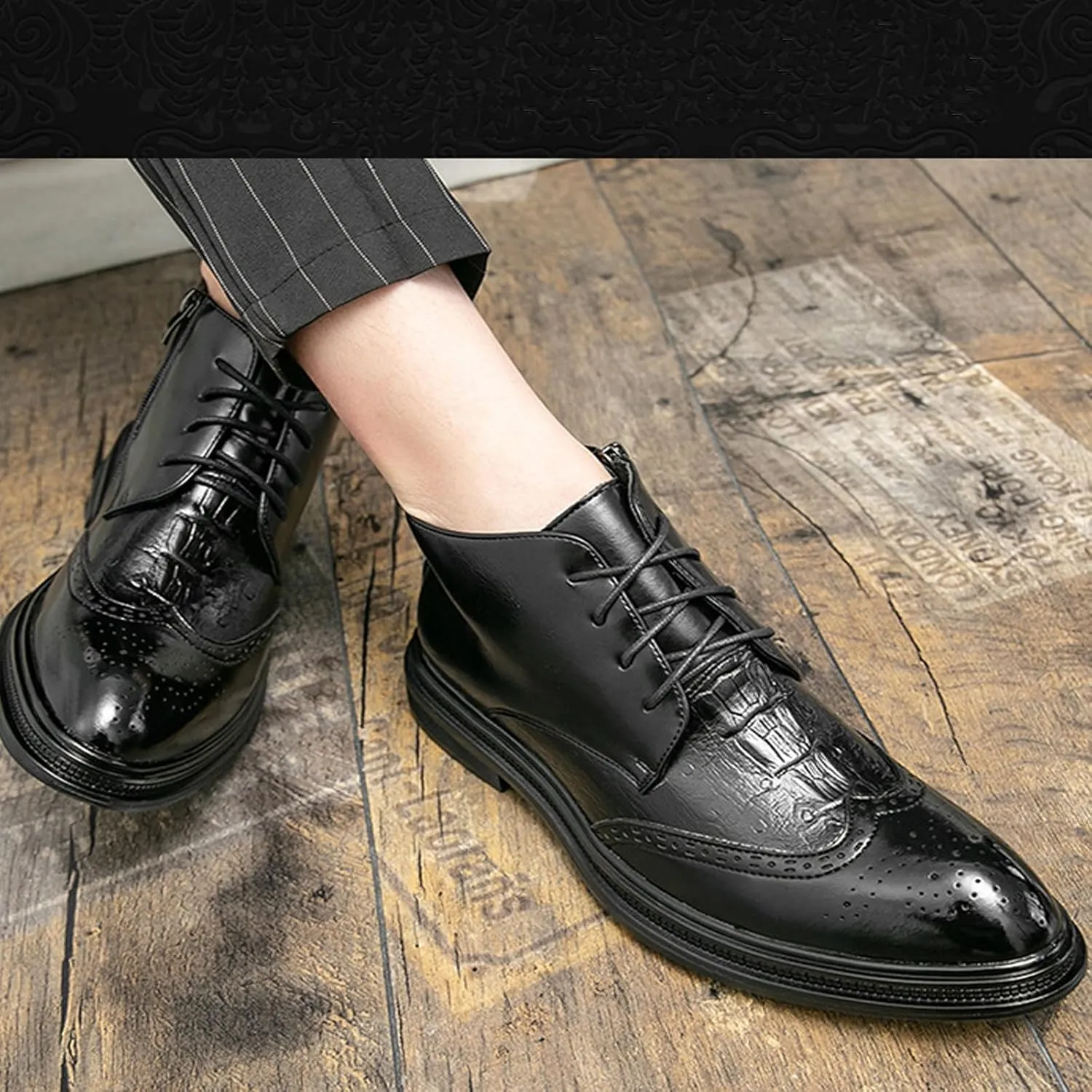 Men's Patent Leather Wing Tip Brogues Dress Oxfords Ankle Boots Retro lace up Platform Pointed Toe Non-Slip Carved Chukka Formal Business Boots