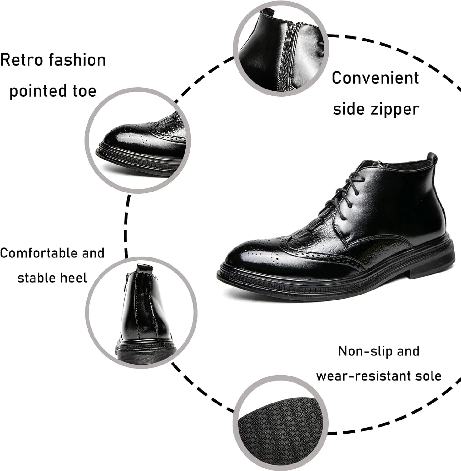 Men's Patent Leather Wing Tip Brogues Dress Oxfords Ankle Boots Retro lace up Platform Pointed Toe Non-Slip Carved Chukka Formal Business Boots