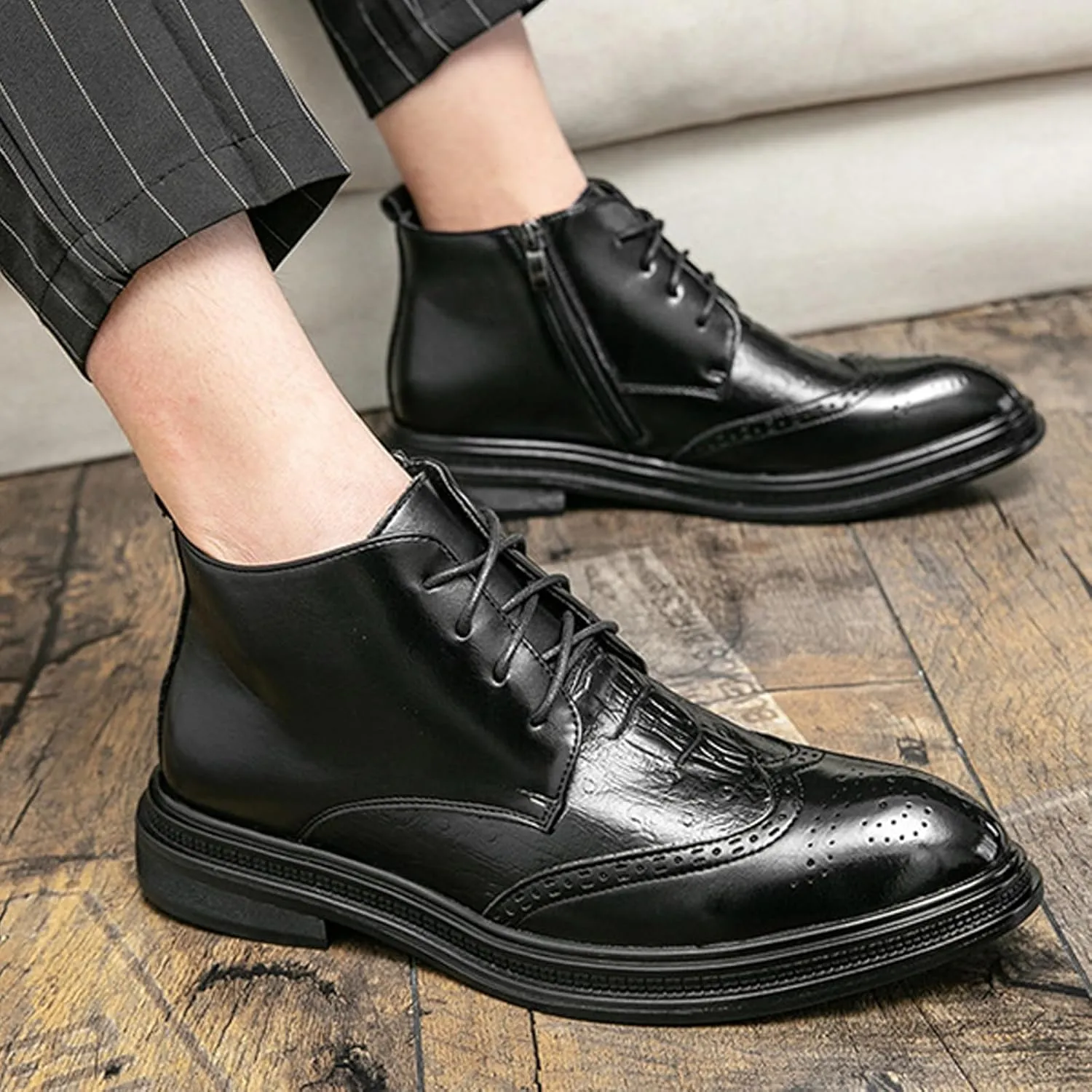 Men's Patent Leather Wing Tip Brogues Dress Oxfords Ankle Boots Retro lace up Platform Pointed Toe Non-Slip Carved Chukka Formal Business Boots