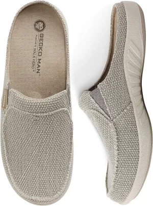 Mens Slippers with Arch Support, Canvas House Slipper for Men with Velvet Lining, Slip On Clog, Indoor Outdoor House Shoes with Anti-Skid Rubber Sole