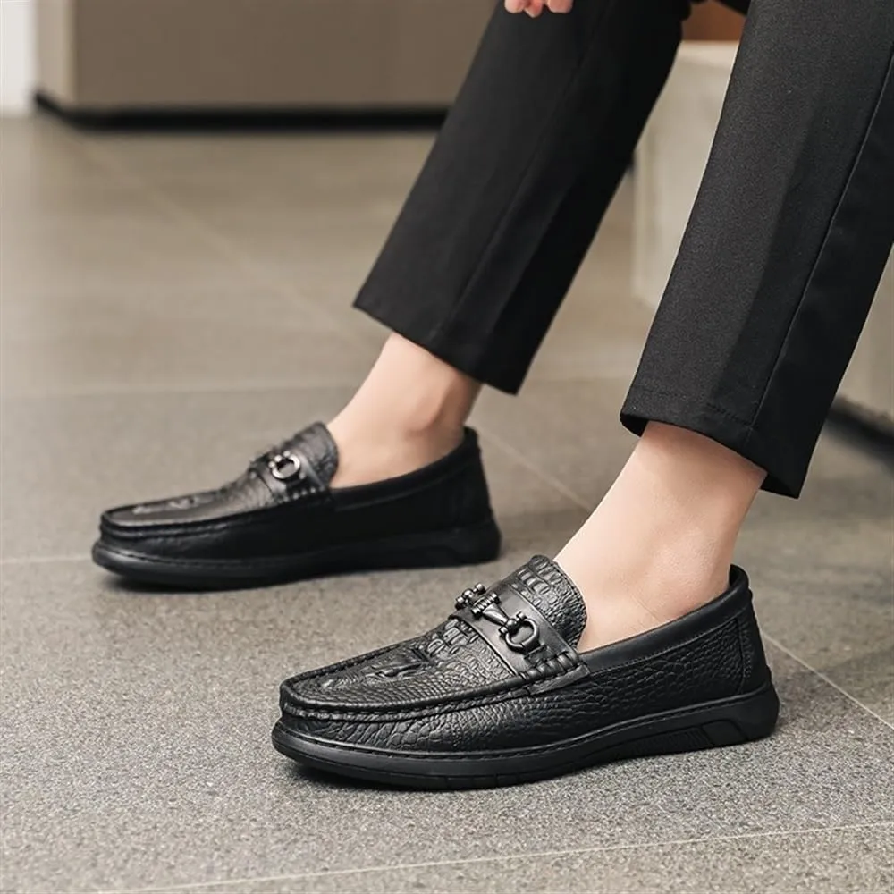 Men's Smoking Loafers - Faux Crocodile Print PU Leather, Round Toe Moccasins, Lightweight & Flexible, Anti-Slip Flat Heel, Casual Walking Slip-Ons