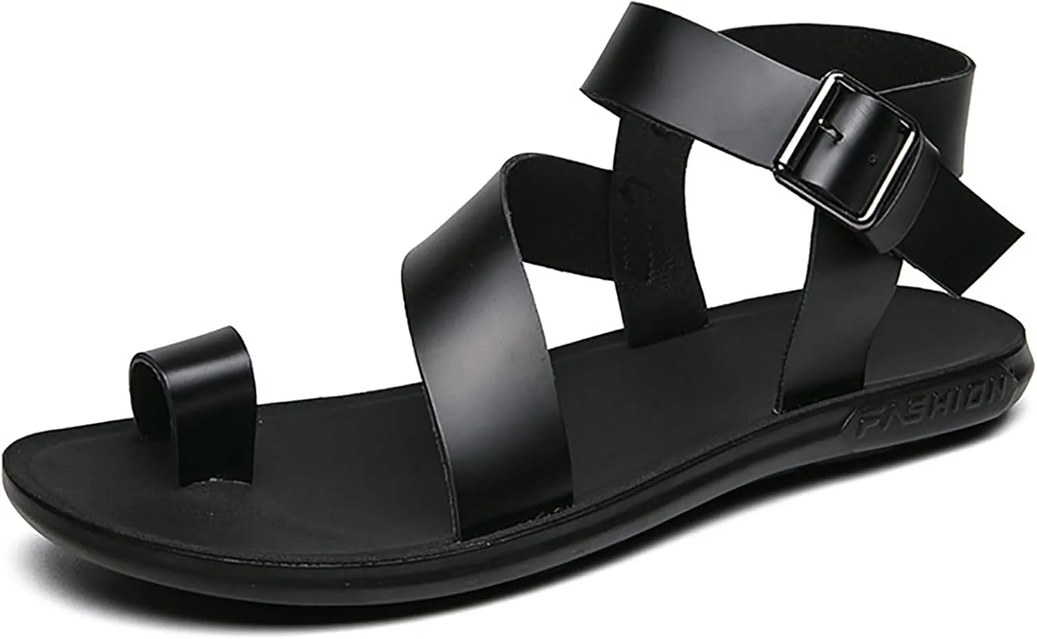 Men'S Soft Leather Flat Toe Ring Sandals With Adjustable Ankle Strap Buckle Fashionable Round Toe Comfortable Lightweight Non-Slip Gladiator Sandals For Casual Summer Beach Walking